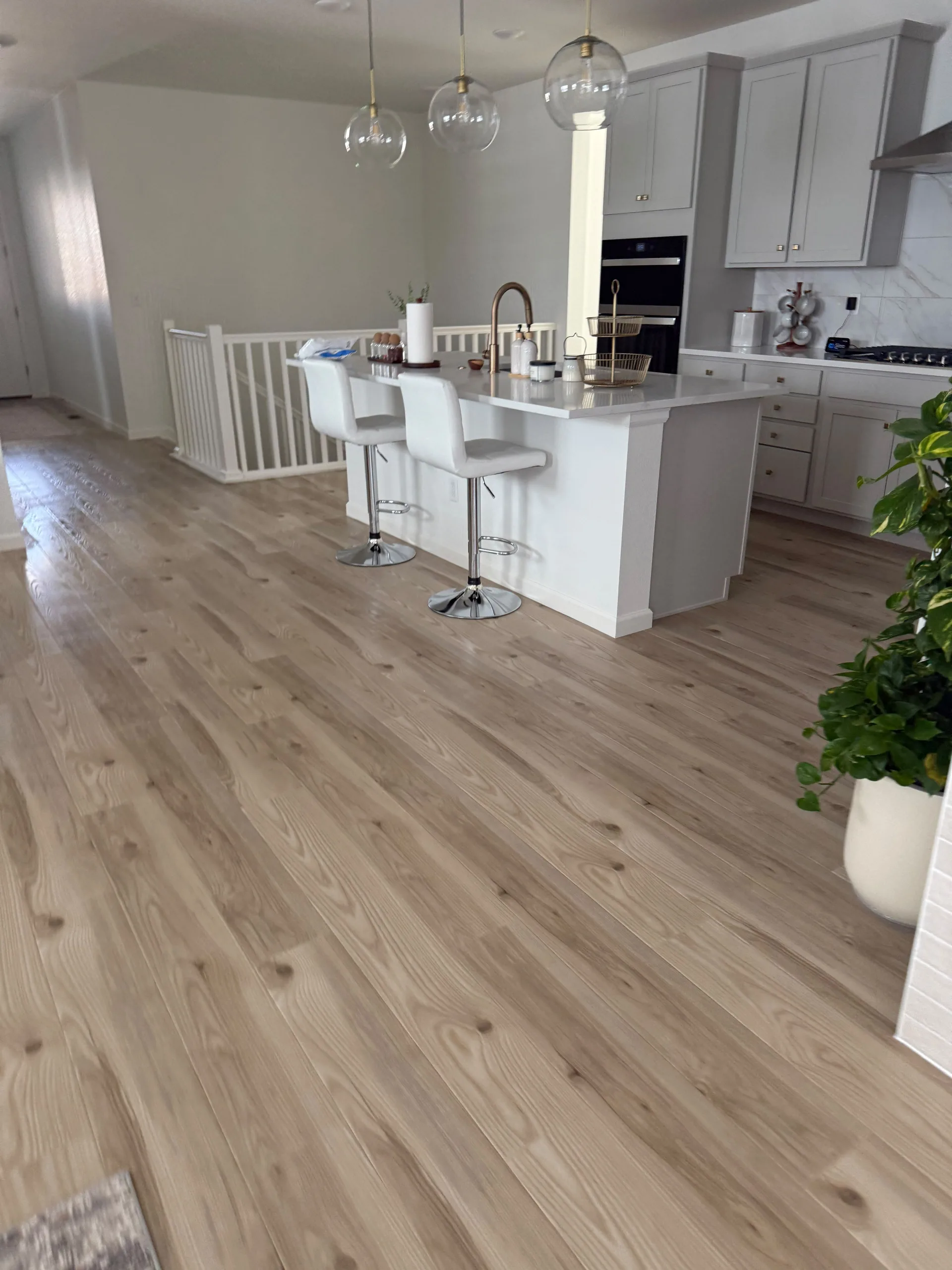 Bright, freshly cleaned open-concept kitchen with wood floors